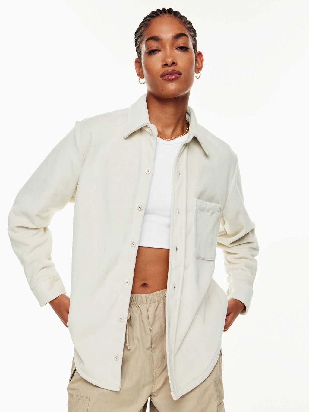 Aritzia Tna Sno Polar Button-Up Shirt Mullein Cream Fleece Jacket Size 2xl Cozy